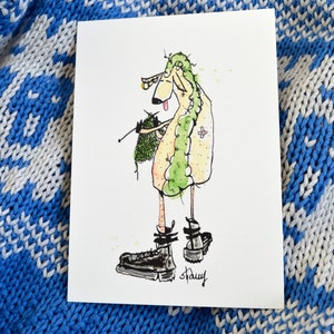 carTe PosTale geïllustreerd // faiT mAin // "MOUTON PUNK with Green crest that Knits"