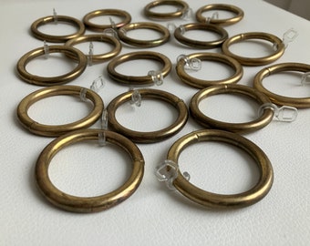 17 Antique Metal curtain rings, Vintage brass curtain rings, golden drapery rings, curtains metal rings with removable plastic clips