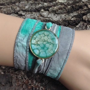 Silk Wrap Bracelet -Green and Grey Silk wrap bracelet Gift for her Gift for Women  One of a kind bracelet