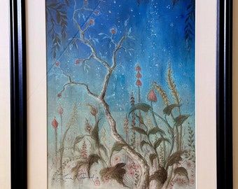 Garden Nocturne - Framed Original Pastel Drawing with Gold Detailing