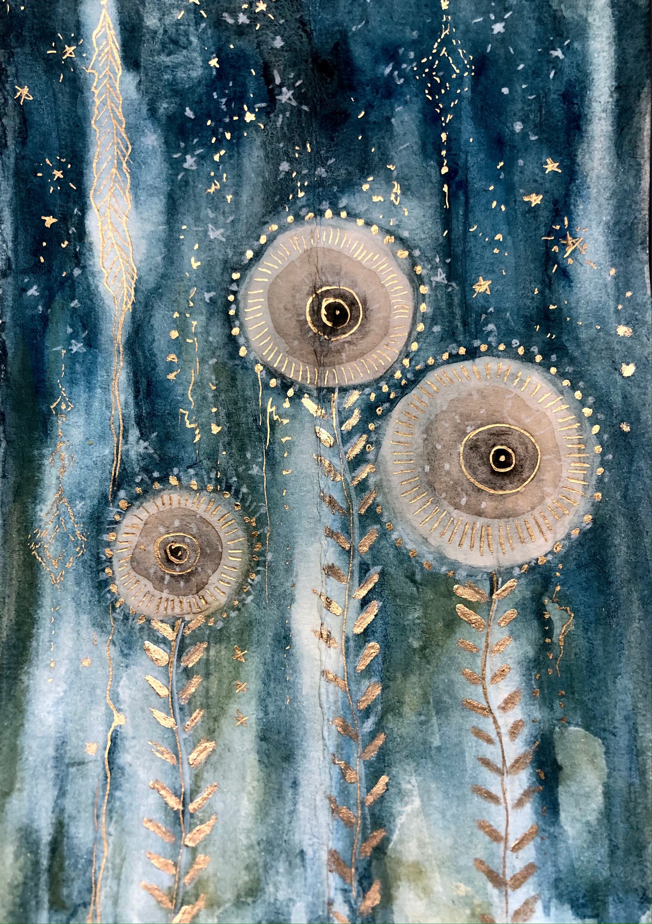 original-framed-watercolor-painting-with-gold-detail-flowers-etsy