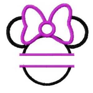 May include: A black and purple split monogram design featuring a stylized mouse head with large ears and a bow on top. The design is perfect for adding a personalized touch to crafts, clothing, or home decor.