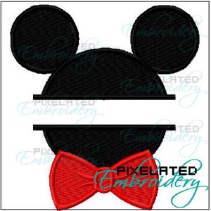 May include: Black and white embroidery design of Mickey Mouse with a red bow tie. The design is split in half with a horizontal line for adding a name.
