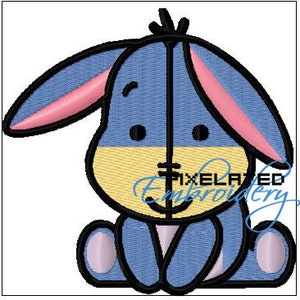 May include: A blue and yellow cartoon donkey with pink ears. The donkey is sitting down with its legs crossed. The donkey has a black outline.