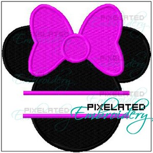 May include: Black and pink embroidery design of a cartoon mouse head with a large bow on top. The design includes a blank space for a name below the bow.