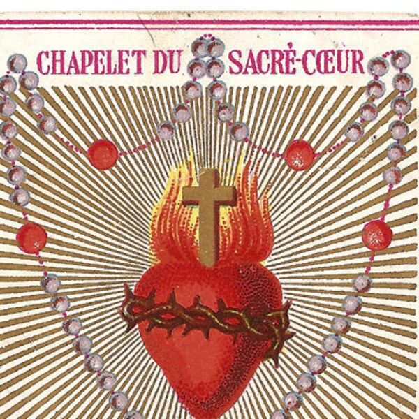 Carte de prière Saint sacré coeur & sacré coeur chapelet ancien Français, catholique cadeau, gravure de cœur, cœur enflammé
