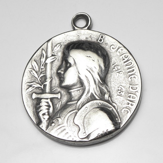 St Joan Of Arc Antique French Silver Plate Holy Medal Catholic Medal Virgin Mary Blessed Mother - 