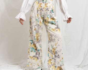 Handmade pleated pants in floral pattern wide leg one of a kind