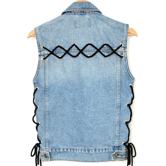 Custom Denim VEST Motorcycle Lace up 