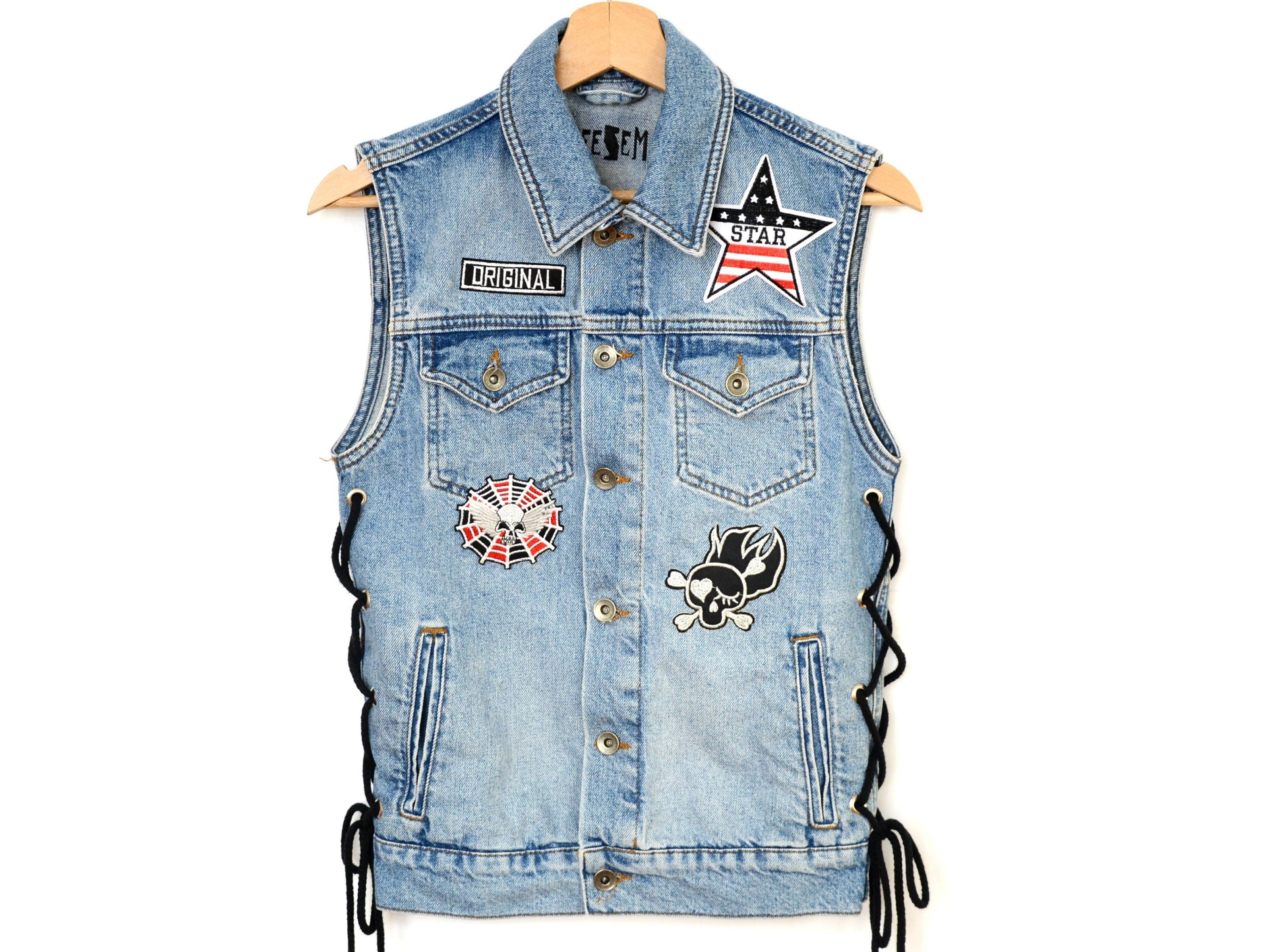Custom Denim VEST Motorcycle Lace up 