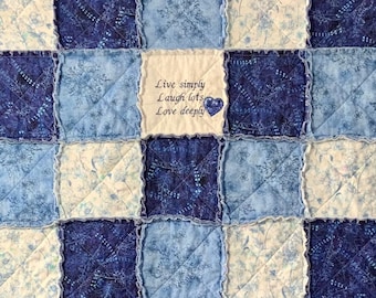 Live Laugh Love Quilt, Lap Quilt Handmade, Rag Quilt Throw, Embroidered Blanket