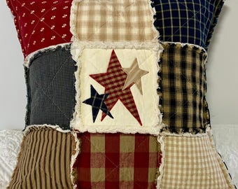 Star Quilted Pillow Cover, Warm Rustic Colors, Rag Quilt Pillow, Handmade Appliqués, 18x18