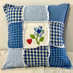 Cottage Blue Throw Pillow, Quilted Pillow Cover, Rag Quilt Pillow With Appliqués