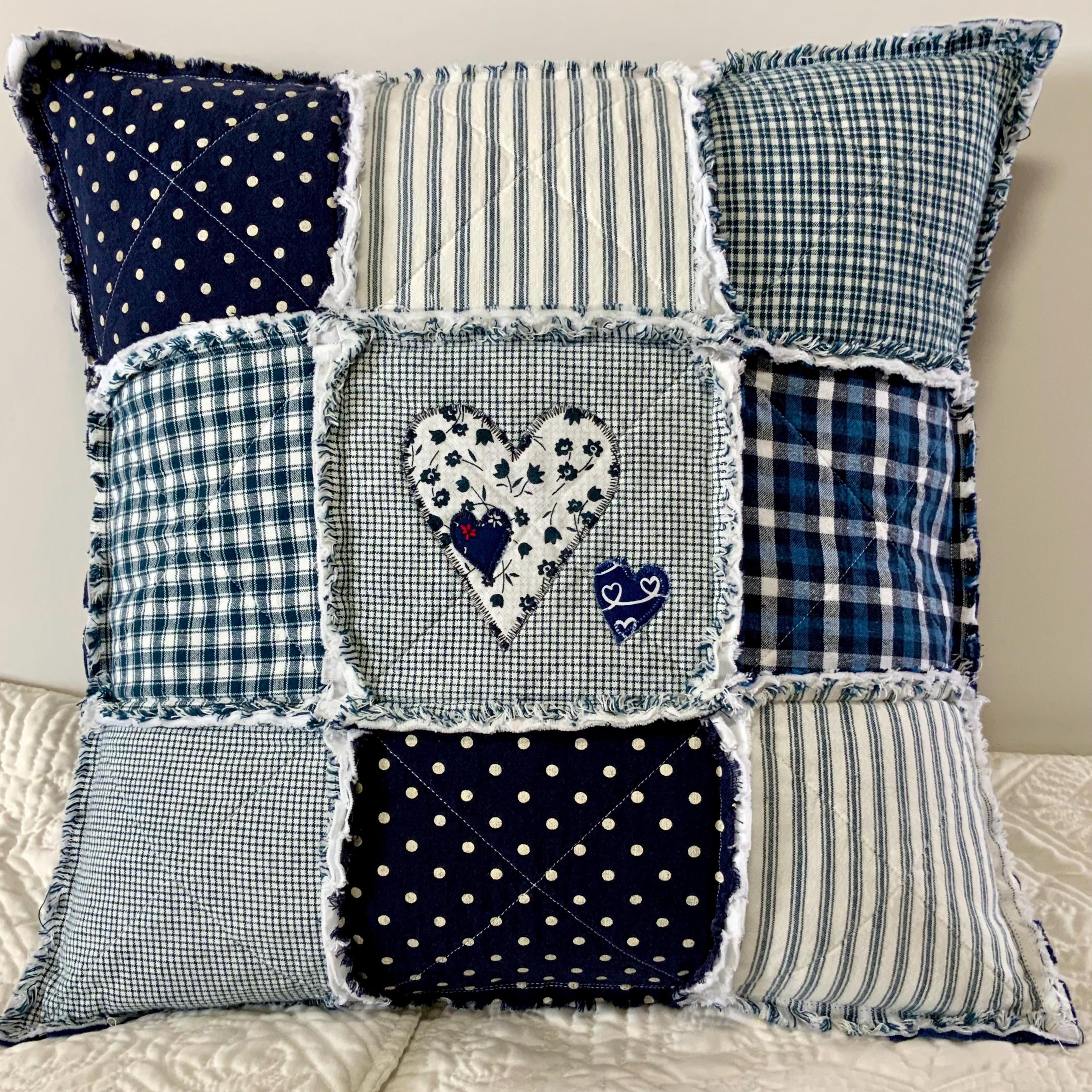 Quilt Throw Pillow, Quilted Pillow Cover 18x18, Rag Quilt Pillow