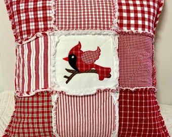Cardinal Appliqué Quilted Pillow Cover: Homespun Cotton Throw Pillow 18x18