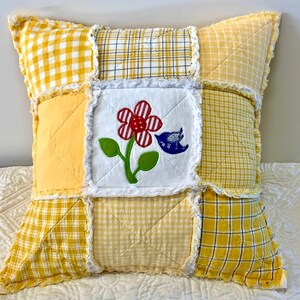 Yellow Rag Quilt Pillow Cover, Flower Bird Appliqué, Country Throw Pillow (18x18")