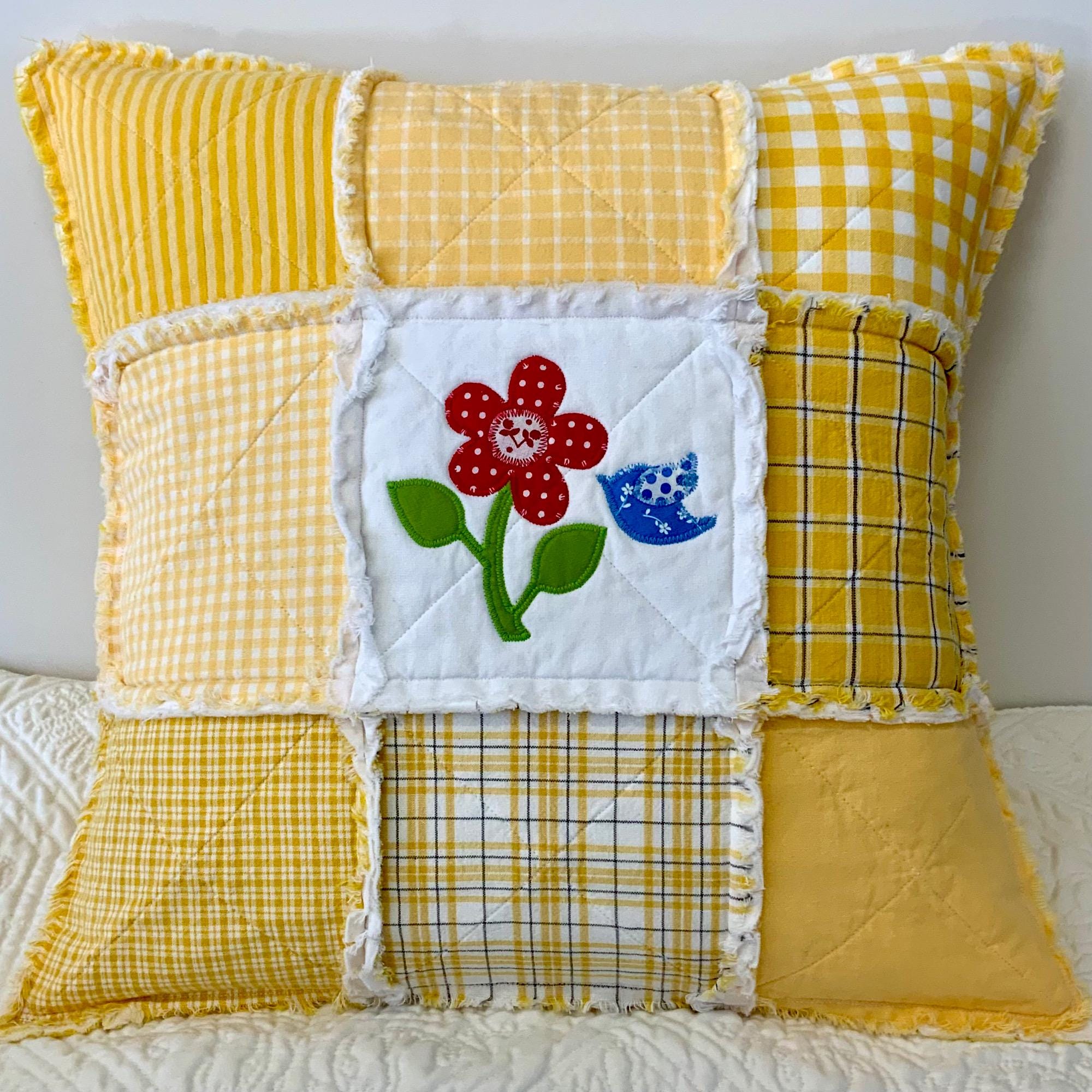 Cheerful Yellow Rag Quilt Pillow Cover With Handmade Flower and Bird Appliqué