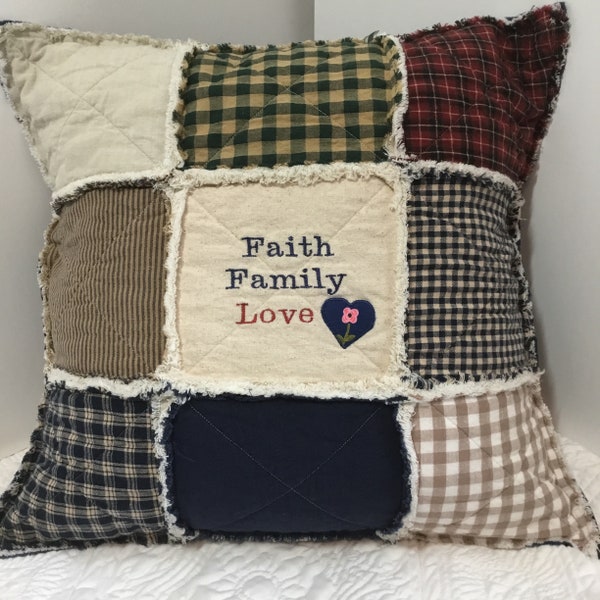 Farmhouse Pillow, Quilted Pillow Cover, Family Pillow, Country Pillow, Primitive Pillow, Faith Family Love, Rag Quilt Pillow