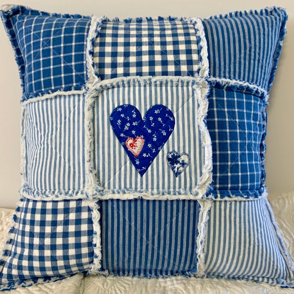 Quilt Pillow Cover, Cottage Pillow, Appliqué Pillow, Heart Pillow Case, Rag Quilt Throw Pillow