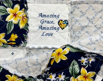 Amazing Grace Lap Quilt Handmade, Small Blanket, Homemade Quilt, Rag Quilt, Embroidered Blanket