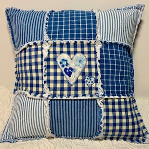 Cottage Blue Quilted Pillow Cover, Homespun Decor, Rag Quilt Style, Handmade Heart Appliqué