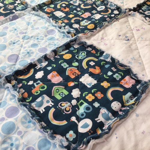 Farm Baby Quilt Handmade, Baby Girl Quilt, Embroidered Baby Blanket, Patchwork shops Quilt, Country Baby Quilt, Rag Quilt Baby