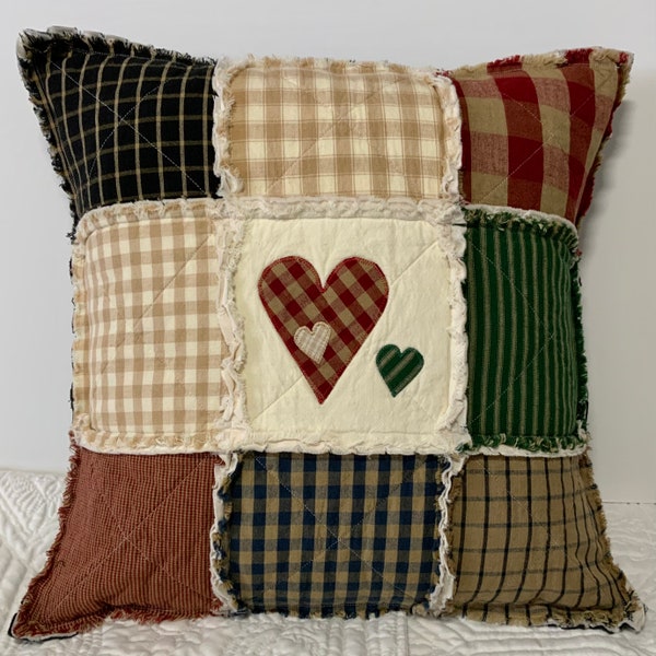 Heart Pillow Cover, Quilted Pillow Cover, Appliqué Pillow, Farmhouse Pillow, Primitive Pillow