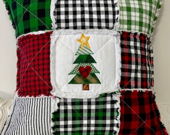 Christmas Tree Appliqué Rag Quilt Pillow Cover, Homespun Holiday Decor