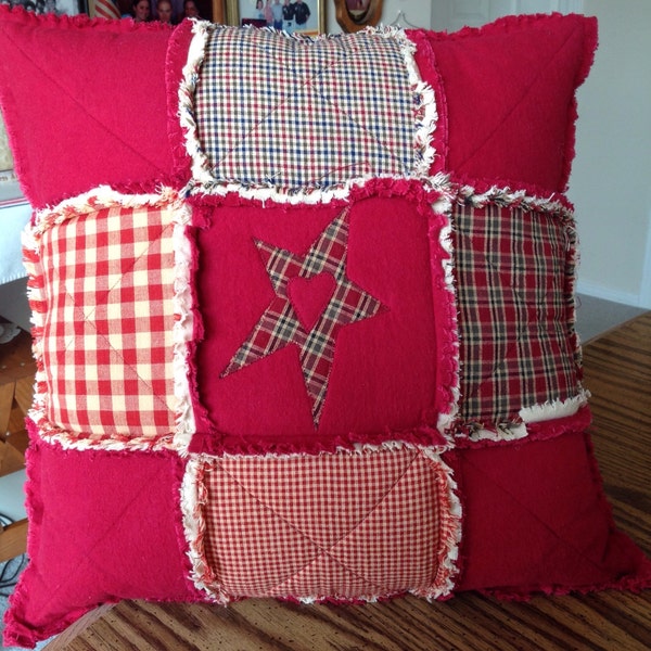 Red Throw Pillow, Country Primitive Pillow, Farmhouse Pillow, Primitive Pillow, Quilted Pillow, Star Pillow, Homemade Pillow, Red Rag Pillow