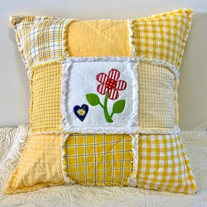 Yellow Quilted Pillow Cover, Appliqué Flower Rag Quilt Style Home Decor