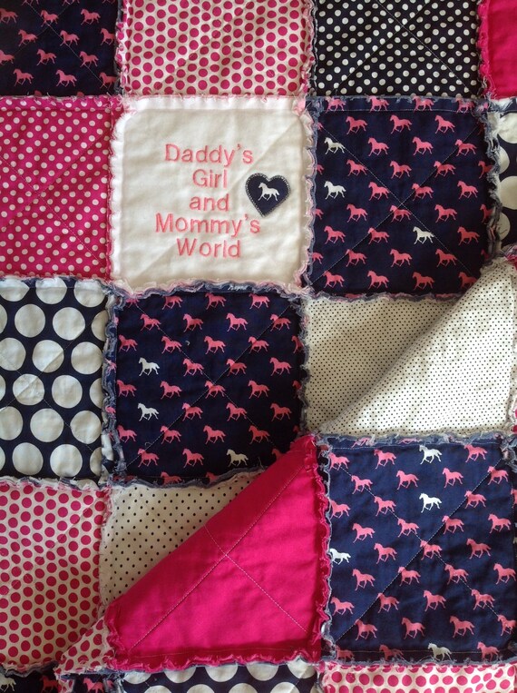 Horse Baby Quilt With Embroidery Navy Blue and Pink Baby Etsy