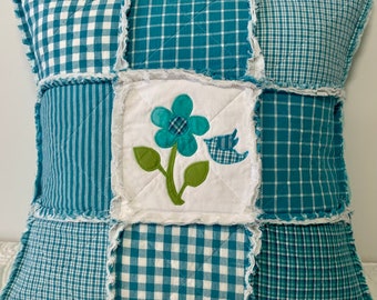 Quilted Pillow Cover, Rag Quilt Pillow, Appliqué Pillow, Aqua Blue Pillow