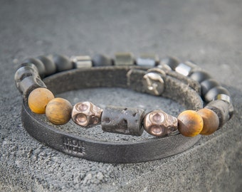 Men's TIGER EYE Quartz, Hematite SKULLS, Leather, volcanic Lava Bracelet // bracelet set
