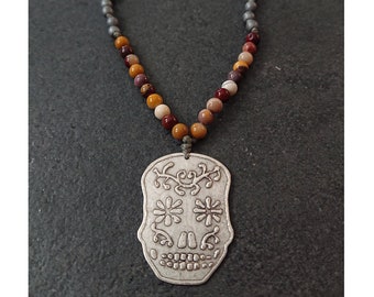 SUGAR SKULL coin brass skull, mookaite and matte hematite necklace / skull necklace /  men's necklace / knotted necklace