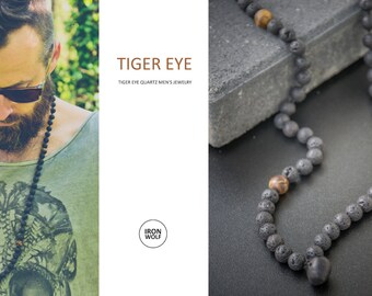 Krakatau TIGER Eye quartz and VOLCANIC LAVA necklace / bodhi seed pendant