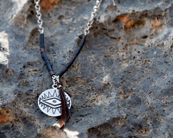 THE EYE mens necklace / ebony wood beads and chain /  metal and leather / sailor / nautical