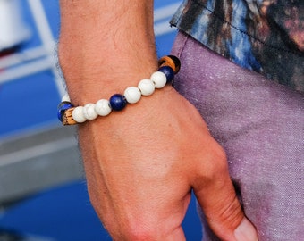 MARINA Bracelet Men's Howlite, Leather, Lapis Lazuli & Palmwood