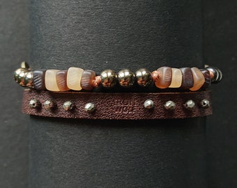 Men's HORN, Pyrite, Hematite, Leather Bracelet // bracelet set