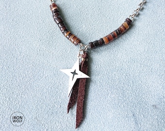 NORTH STAR mens necklace / natural SHELL beads and chain /  metal and leather / sailor / nautical