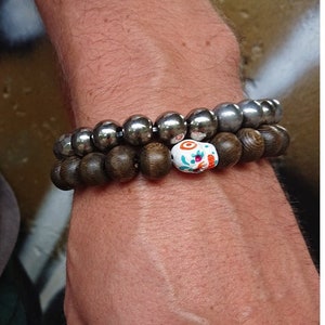 SUGAR SKULL white colorful ceramic sugar skull and chunky wood beaded men&#39;s bracelet . day of the dead