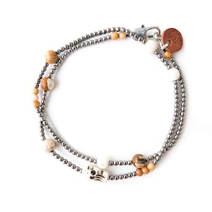 Silver Hematite + Jasper + Bone * double-strand bracelet BONE SKULL