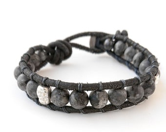 Men's SILVER SKULLS Leather Bracelet + Matte Black Labradorite