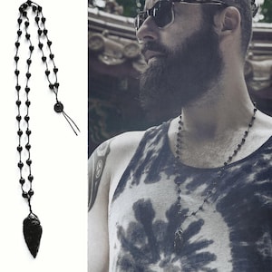 Mens gemstone ROSARY necklace, Obsidian and Onyx stone DRAGON GLASS necklace, Obsiadian Arrowhead pendant, black mens necklace