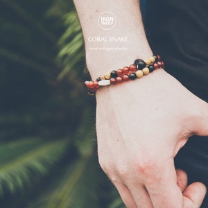 CORAL SNAKE Carnelian Agate + Wood + Matte Onyx + buffalo Bone double-strand bracelet