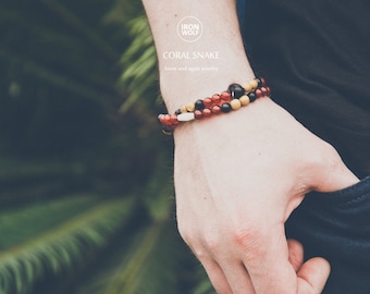 CORAL SNAKE Carnelian Agate + Wood + Matte Onyx + buffalo Bone double-strand bracelet