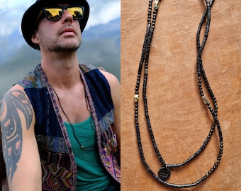 Black and Gold Skull necklace for Men Tiny Skull Obsidian coco wood  GOLDEN SKULL