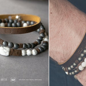 Men&#39;s WHITE HUNTER White howlite, Hematite, Leather Bracelets // Stack of three