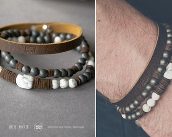 Men's WHITE HUNTER White howlite, Hematite, Leather Bracelets // Stack of three