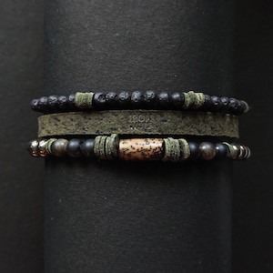 Men&#39;s WOOD HUNTER Golden sheen Obsidian, Volcanic Lava, Hematite, Leather Bracelets // Stack of three