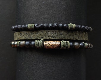 Men's WOOD HUNTER Golden sheen Obsidian, Volcanic Lava, Hematite, Leather Bracelets // Stack of three